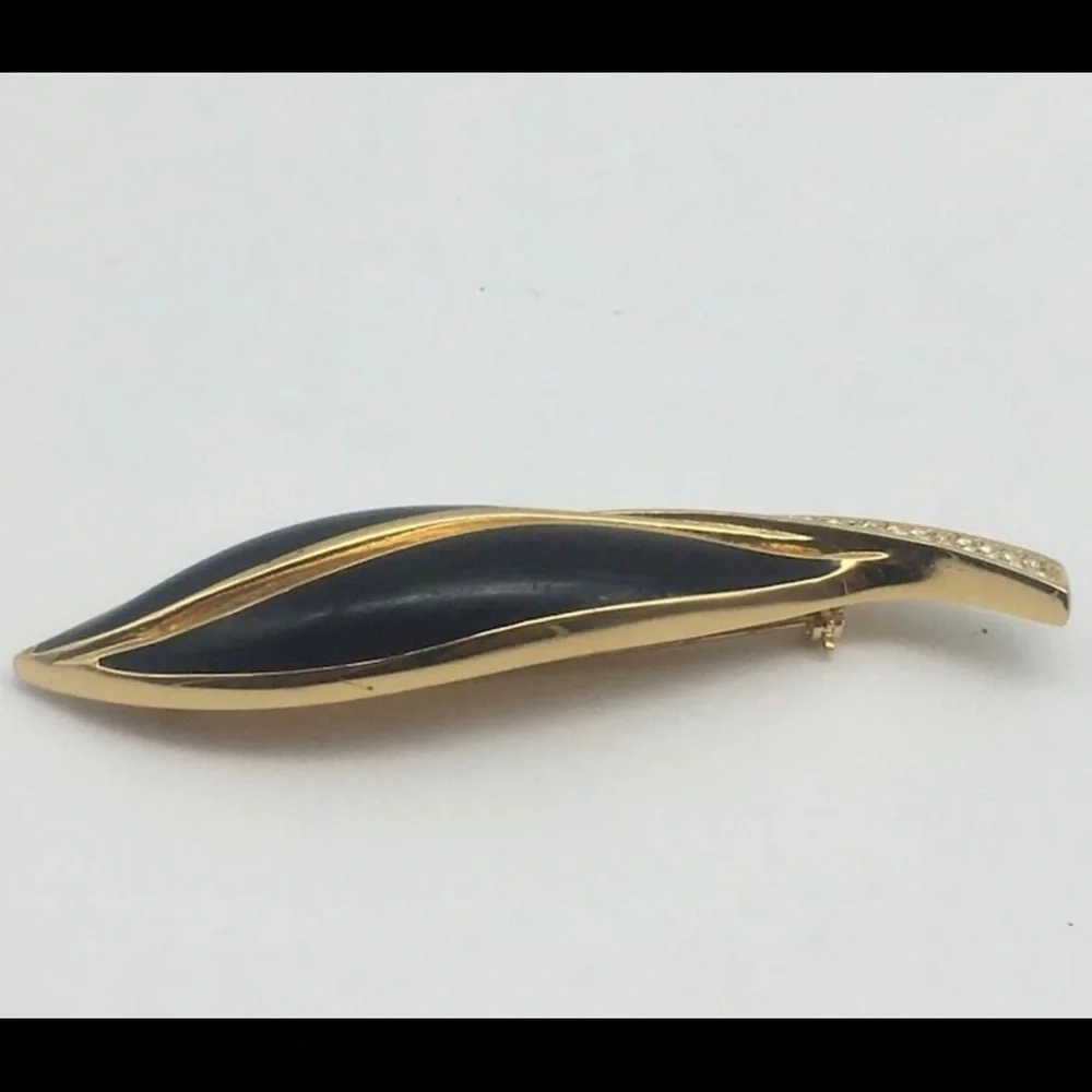Vintage Christian Dior Swarovski Crystal Leaf Black Enamel Brooch - Picture 7 of 8